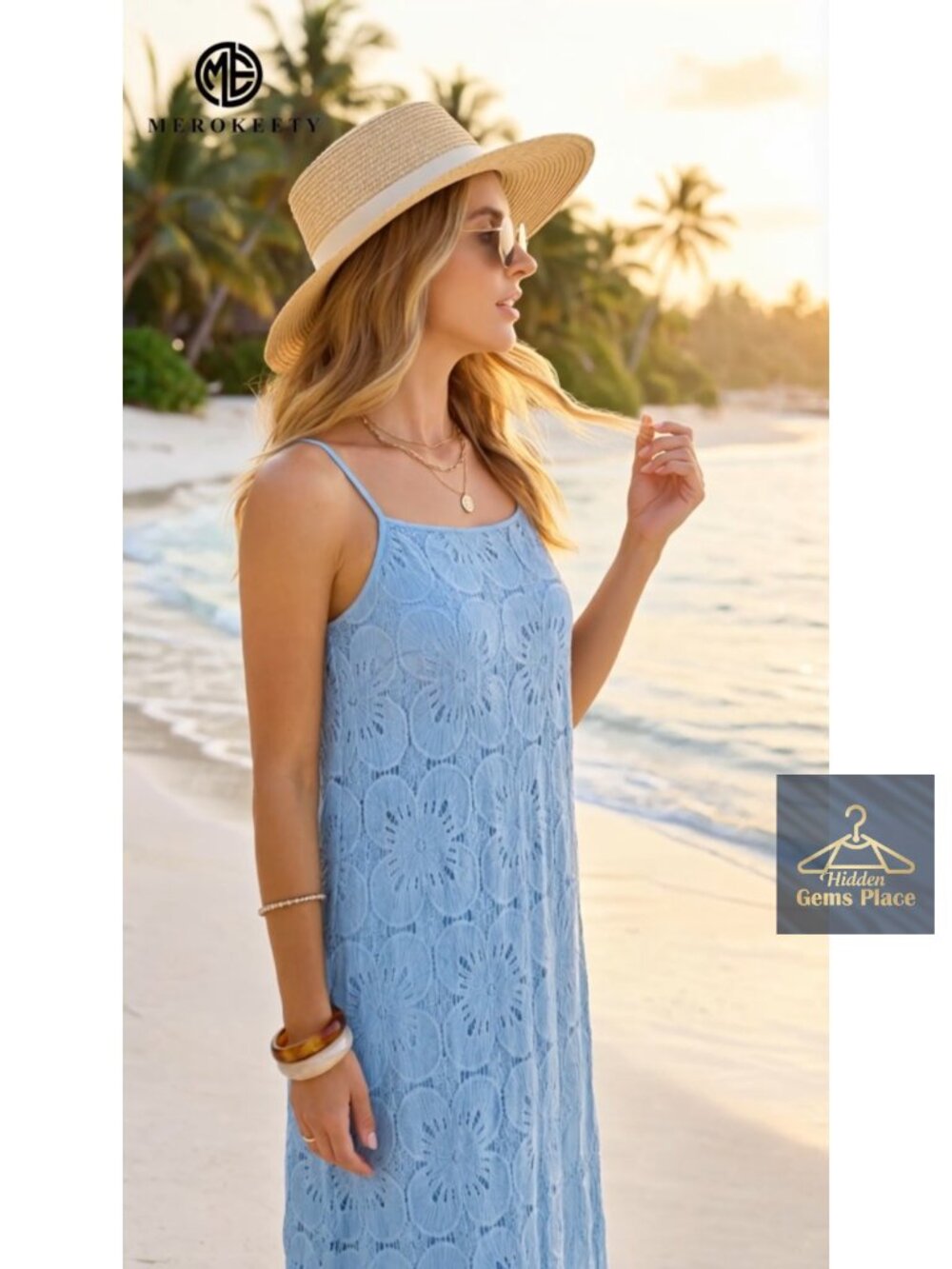 Sleeveless Floral Eyelet Lace Boho Beach Maxi Dress with Pockets - Picture 6 of 6